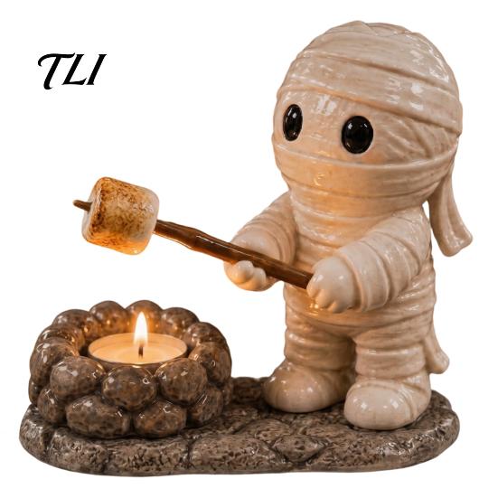 Rustic Yard Decoration Halloween Resin Scarecrow/Ghost/Mummy Candle Holder, Decorative Bonfire Tea Light Hand Painted Table Centerpiece Camping Scene