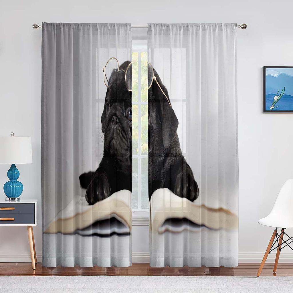 Niedlicher Bulldogge Transparenter Voile Vorhang Lustiger Mops Welpe Tier Gelbe Tüllvorhänge für Wohnzimmer Schlafzimmer Küchendekorationen