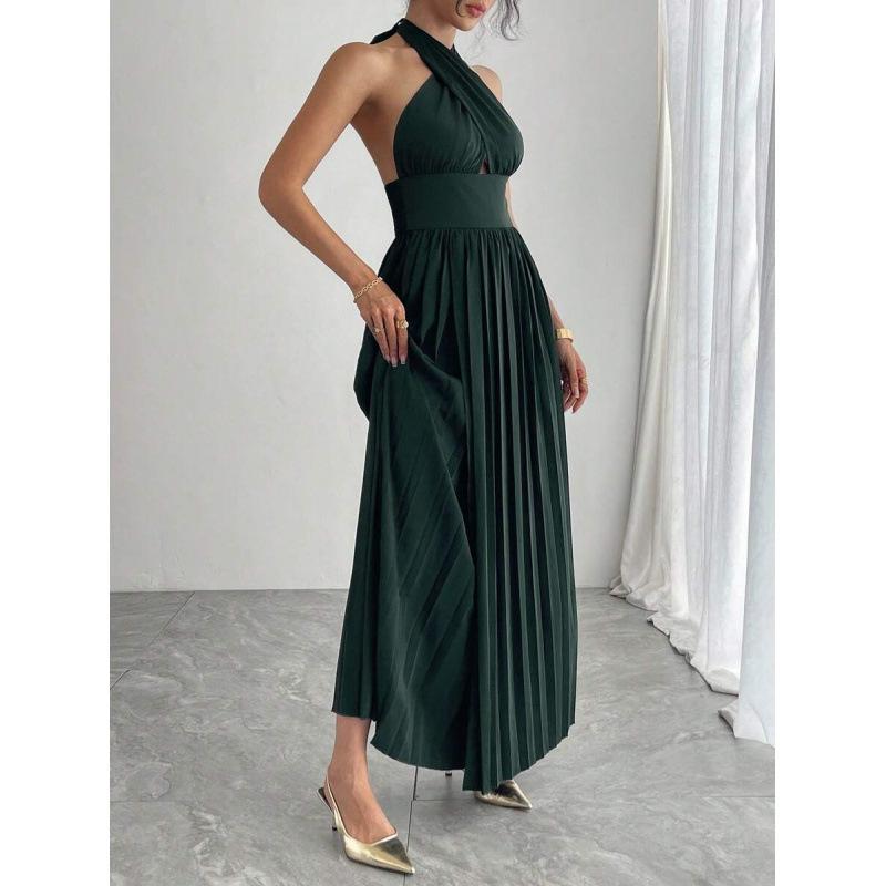 European summer new sexy temperament solid color hollow backless neck long split dress S