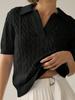 Women's Cable Knit V Neck Short Sleeve Pullover Sweater Solid Lapel Detail Casual Top