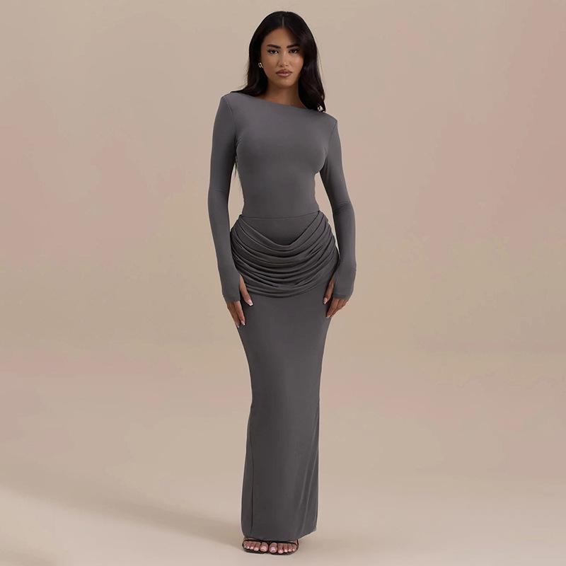 2025 European & American Women's Sexy Ruched Long-Sleeve Dress with Back Slit