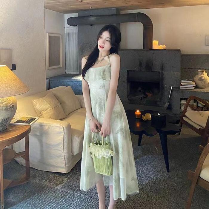 Women's Korean Summer Spaghetti Strap Maxi Dress Ruffle Neck Floral Print Sleeveless A Line Elegant Fairy Long Dress