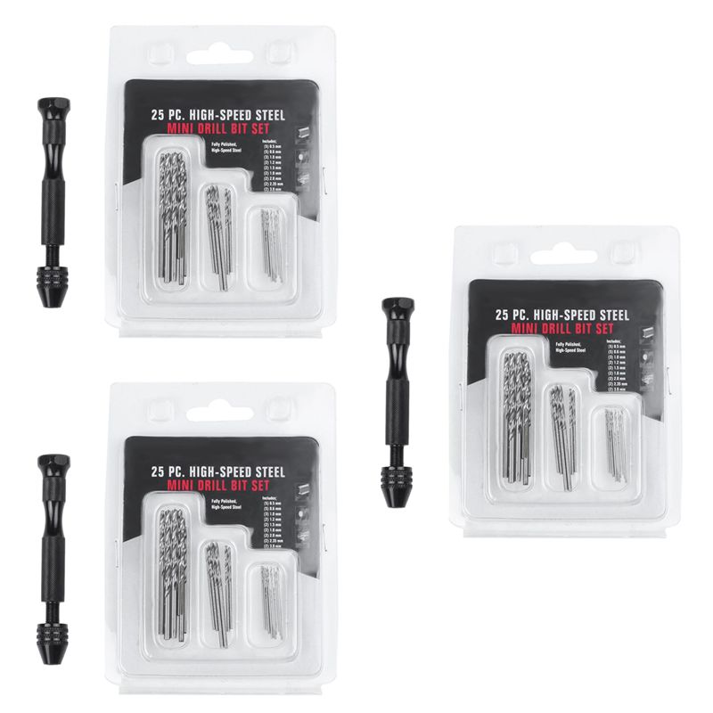 ABWR-3Pcs Hand Twist Drill Bits Set,Pin Vise Model Mini Hand Spiral Drill With 75Pcs 0.3Mm To 3.0Mm Micro-Drill Bits (Black)