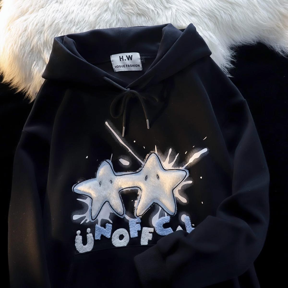 American retro flocking star embroidered hooded sweater men s and women s niche design sense lazy wind brand premium coat M