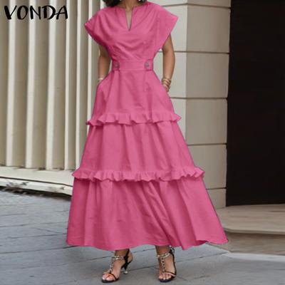 Women Vintage V-Neck Ruffle Short Sleeve Dresses