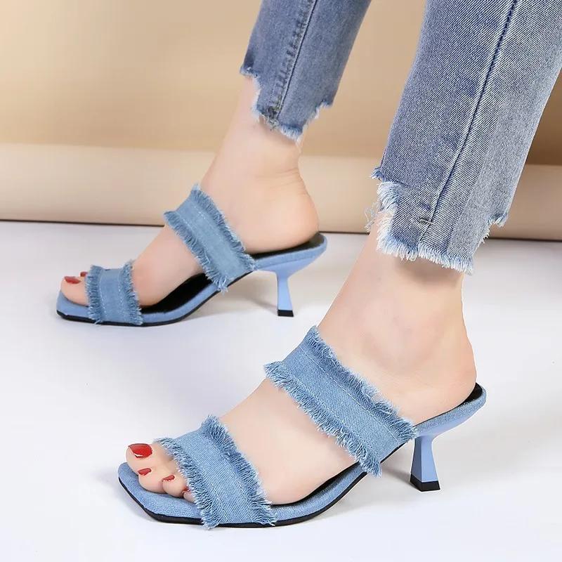 Women Denim Women's Mules Slipper Sandals 2024 Retro Slip on Stiletto Pumps Summer High Heels Peep Toe Shoes Pantuflas De Mujer