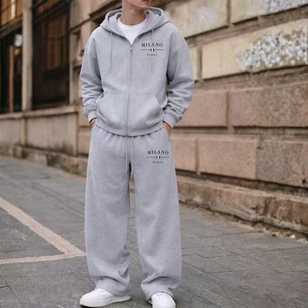 2026 Spring Men's Zipper Hoodie & Wide-Leg Sweatpants Set with Velvet