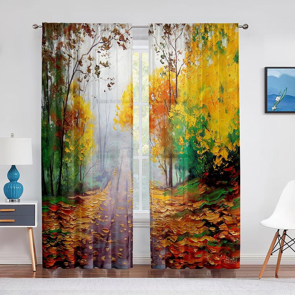 Perdele din șifon cu peisaj fantezic, perdele din tul pentru casă lângă munte și râu, pentru decorarea casei de living