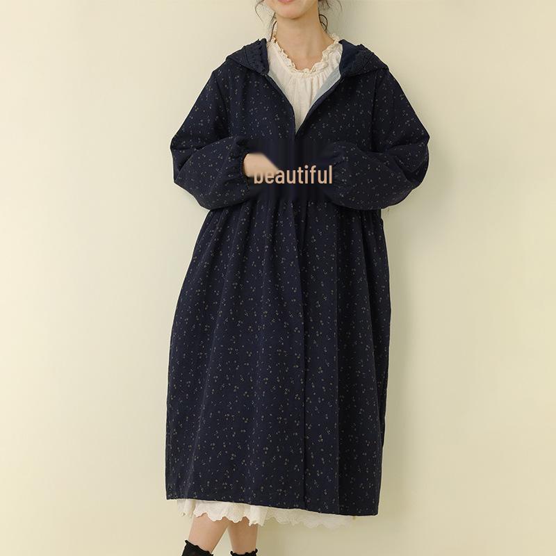 Herbst/Winter Floral Mori Stil Kapuzen Baumwolle Leinen Kleid Mantel für Damen