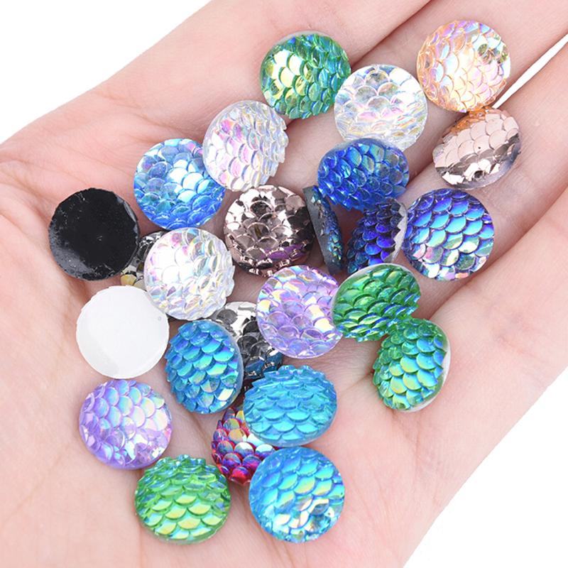 40pcs 12mm Round Rose Gold Fish Scale Mermaid Resin Cabochon Flatback Craft Jewelry Making DIY