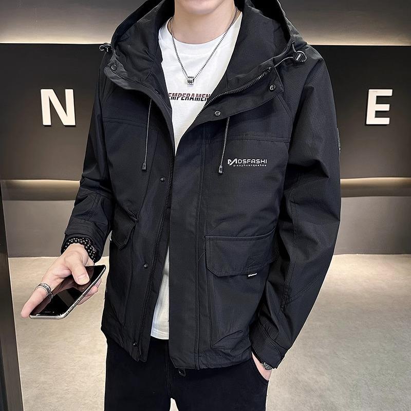 2025 New Jacket Jacket Men's Spring and Autumn New Hooded Jacket Men's Ruffian Handsome American Casual Tooling Top Tide