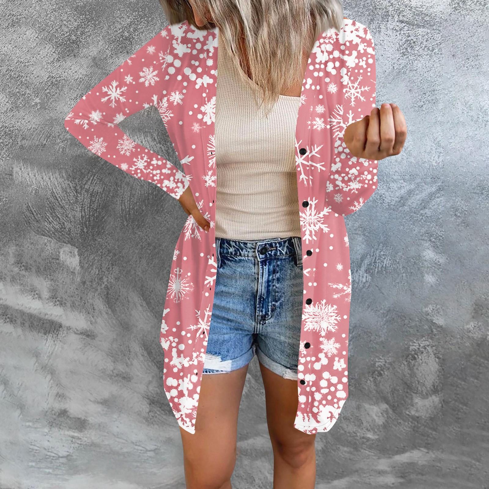 

Длинный рукав Женский ретро принтованный топ Легкий базовый свободный жакет Кардиган Повседневные рубашки Рождество L розовый