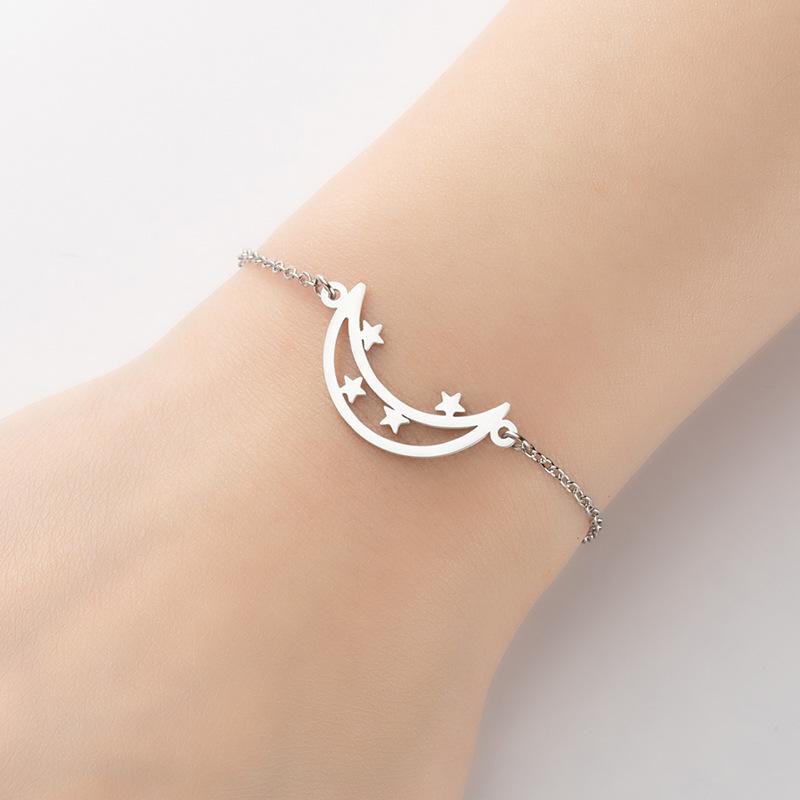 Adjustable Stainless Steel Moon & Star Pendant Bracelet - Bohemian Fashion Jewelry, Perfect Birthday Gift