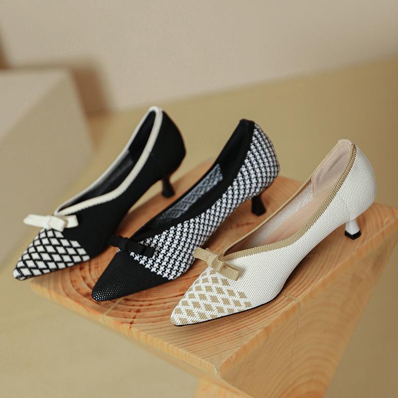

Temperament bow new high heels women s knitted woven shoes square head light mouth cat heel single shoes 40