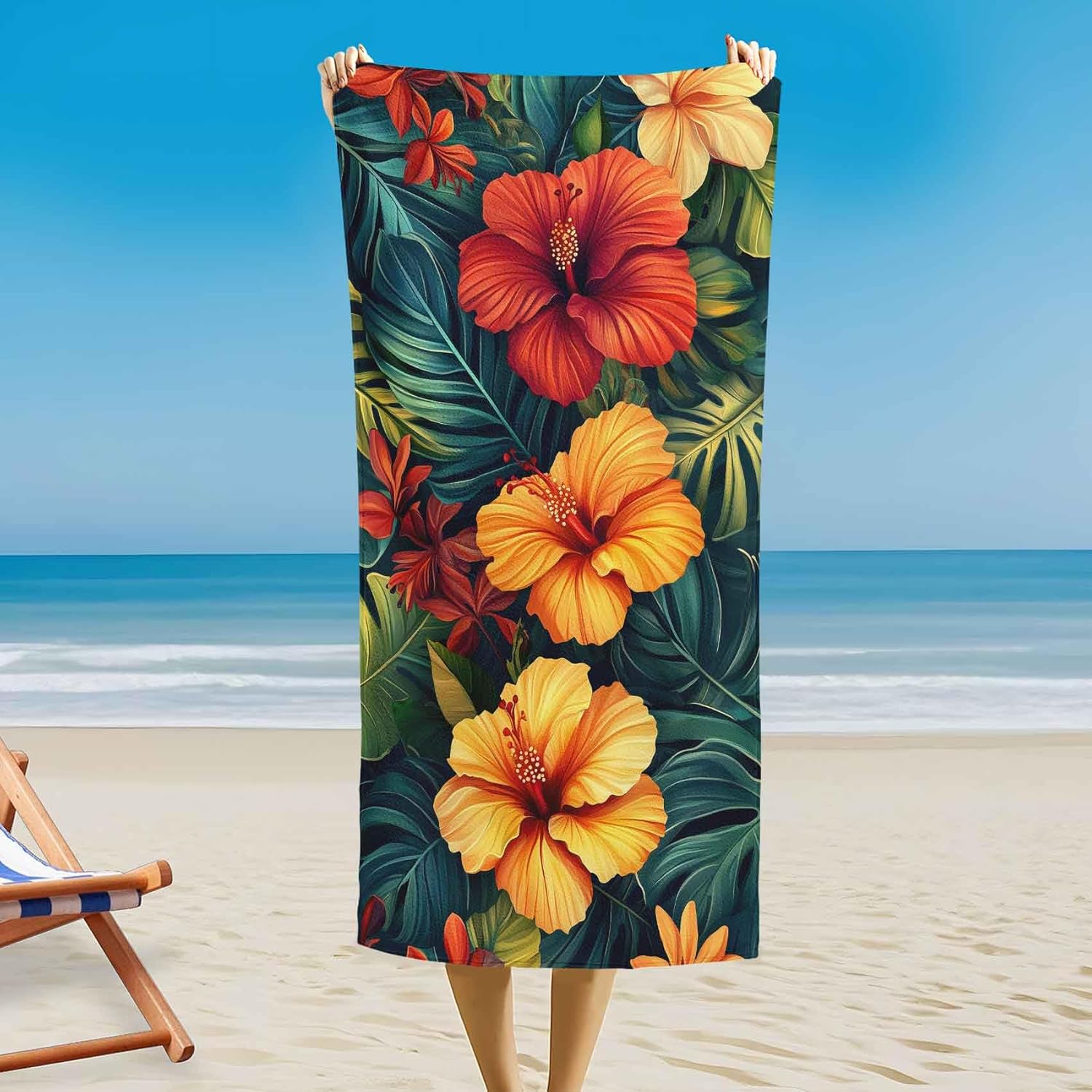 

Artistic Hibiscus Palm Leaf Beach Towel, Tropical Floral Quick Dry Absorbent, Extra Large Sand Resistant Travel Pool Essentials W40*H60(CM)