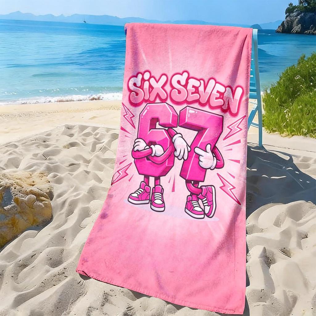 1 Pièce Serviette de Plage Rose Dessin Animé Chiffre 67, Polyvalente Pour Yoga Voyage Natation Piscine Plage, Serviette Légère d'Été Extérieure