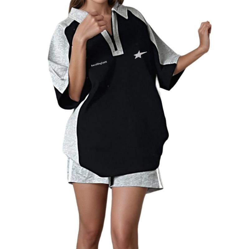 

Женский летний спортивный легкий поло для отдыха с вышитыми буквами и цветами, брюки-чоли, костюм XL серый/чёрный