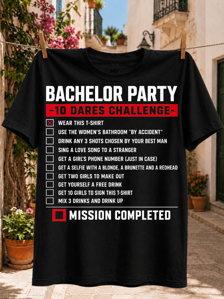 Bachelor Party 10 Dares ChallengeRed Checklist Party Tasks and Mission Completed Box Unisex All Unisex All T-Shirt