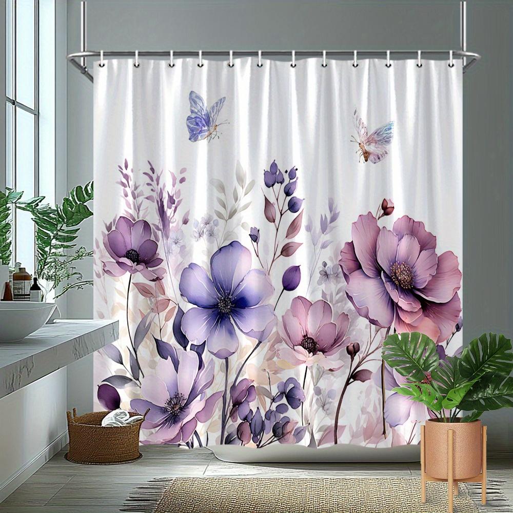Purple Flower Shower Curtain Butterflies Floral Design 3D Printed Waterproof Bathroom Decor Elegant Nature Theme Home Textile