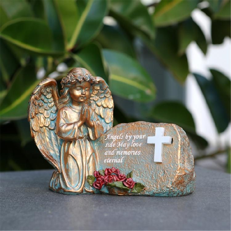 Resin Praying Angel Garden Statue With Solar Lighted Crosses Outdoor Waterproof Sculpture Grave Lamp for Patios Cemetery