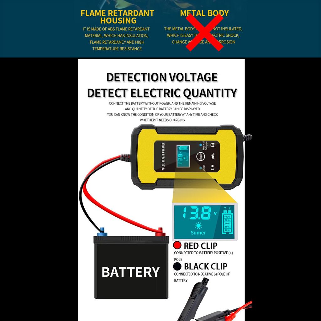 12V 6A 10A Lead Acid Battery Charger Pulse Repair Charger Compatible with Motorcycles Cars and Other Vehicles with LCD Display