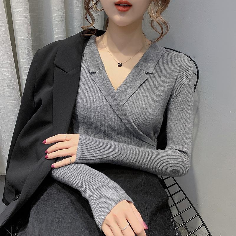 V-neck Solid Color Sweater Women's Inner Wear Autumn and Winter New Foreign Style Slim-fitting Outer Wear Pullover Knitted Sweater