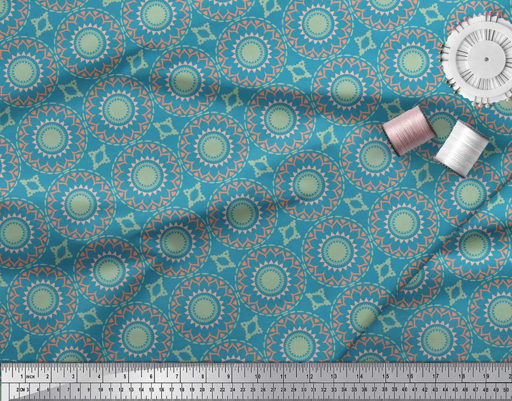 Soimoi Red Japan Crepe Satin Fabric Mandala Geometric Print Fabric by the Metre 42 Inch