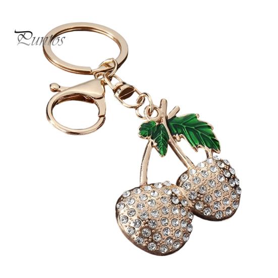Decorative Cherry Keychain Double Rhinestone Keychain, Oil Dripping Green Leaf Fruit Compact Key Decor Car Ring, Accessories for Handbags Backpacks