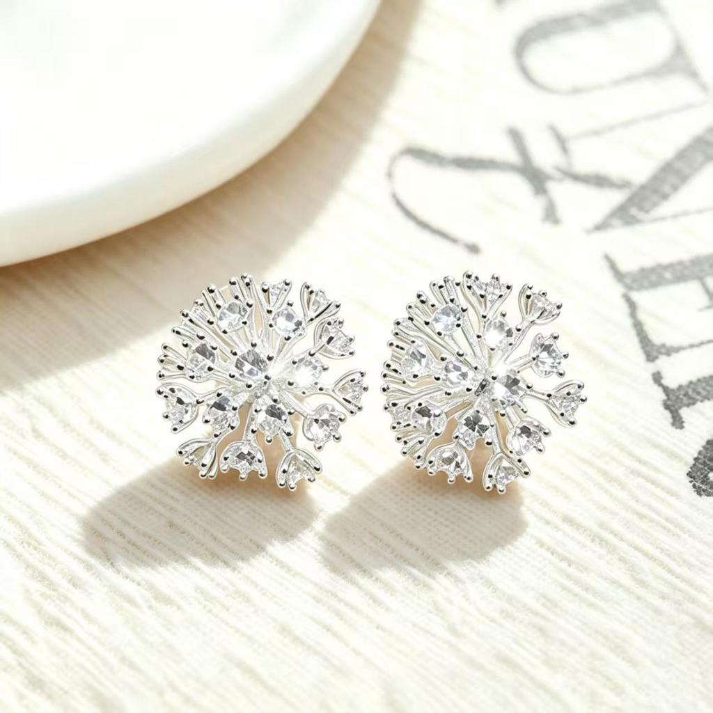 Elegant Silver Zircon Dandelion Earrings with Diamonds