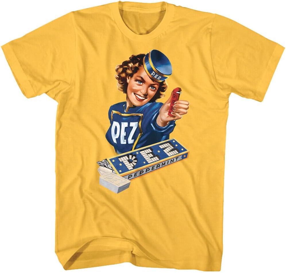PEZ Vintage Candy Girl Men s T Shirt Nostalgic 1950 s Candy Dispenser Character M жёлтый