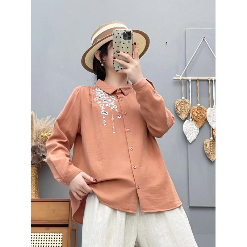 Spring 2026 Women's Embroidered Double Gauze Long Sleeve Casual Shirt with Lapel