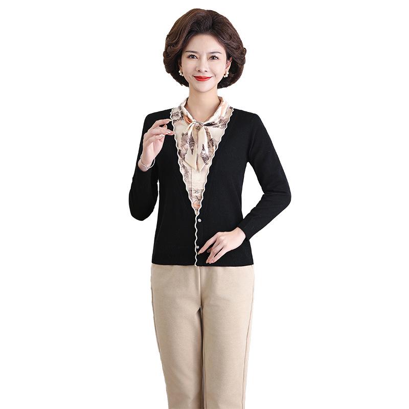 Stylish Spring/Autumn Knit Sweater: Faux Two-Piece Design for Middle-Aged Women