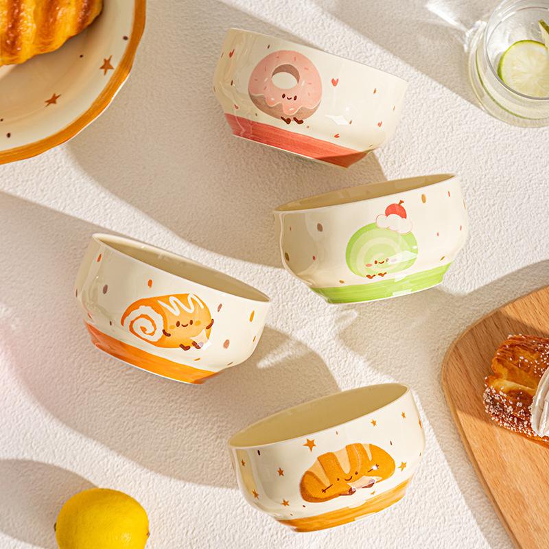 Cute Cartoon Hand Drawn Ceramic Bowls Household Daily Restaurant Homehold Tableware Noodles Rice Breakfast Milk Oats Fruit Bowl
