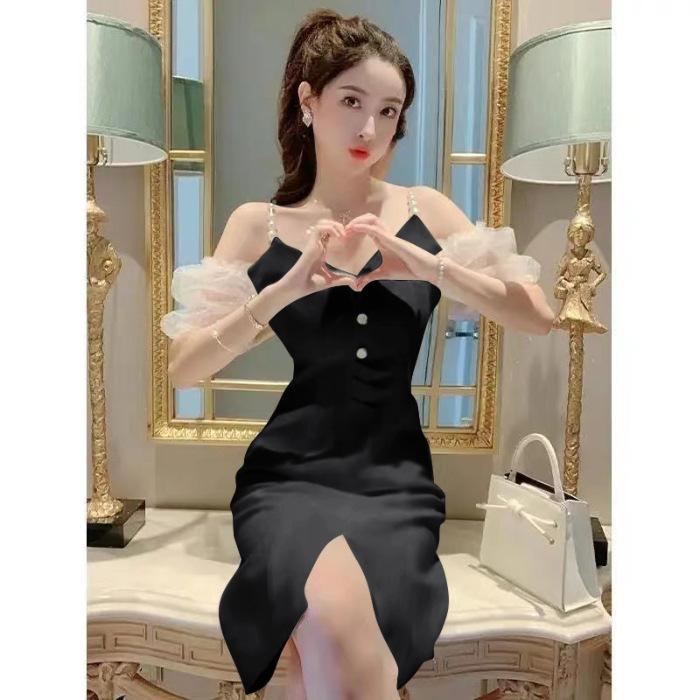

Summer high-end off-the-shoulder dress femininity gentle wind ripe French V-neck suspender split skirt 2XL чорний