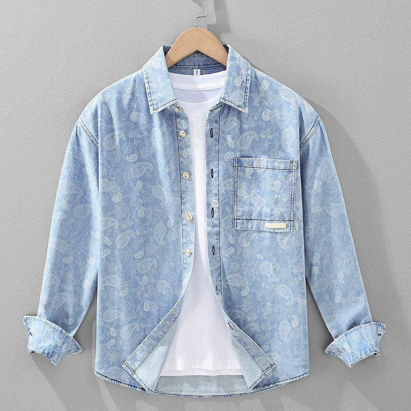 Japanese-Style Denim Print Turn-Down Collar Long-Sleeve Shirt for Men, Loose Casual Stylish Top Jacket for Spring and Autumn