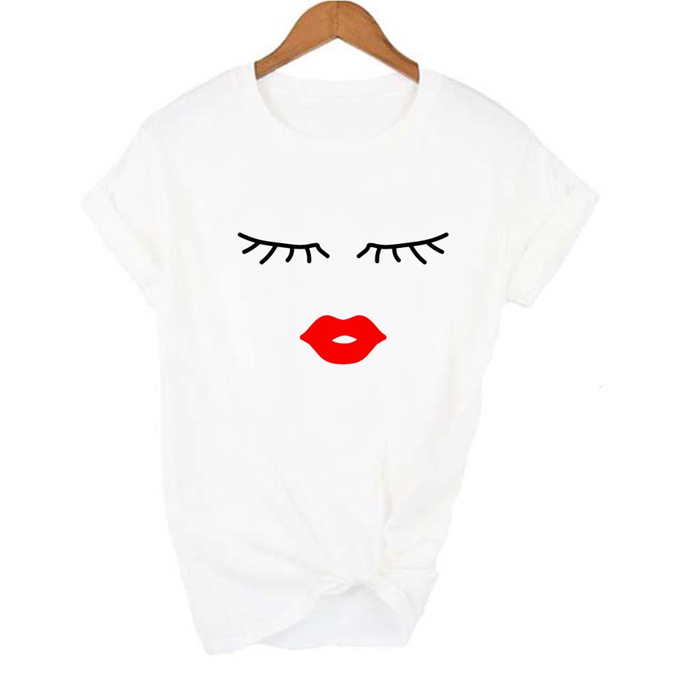 Wimpern Rote Lippen Druck Damen Sommer T-Shirts Lässig Grafik Kurzarm T-Shirt Weiblich Weiß
