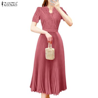 Women Casual Lace Patchwork V-Neck Summer Short Sleeve Dress