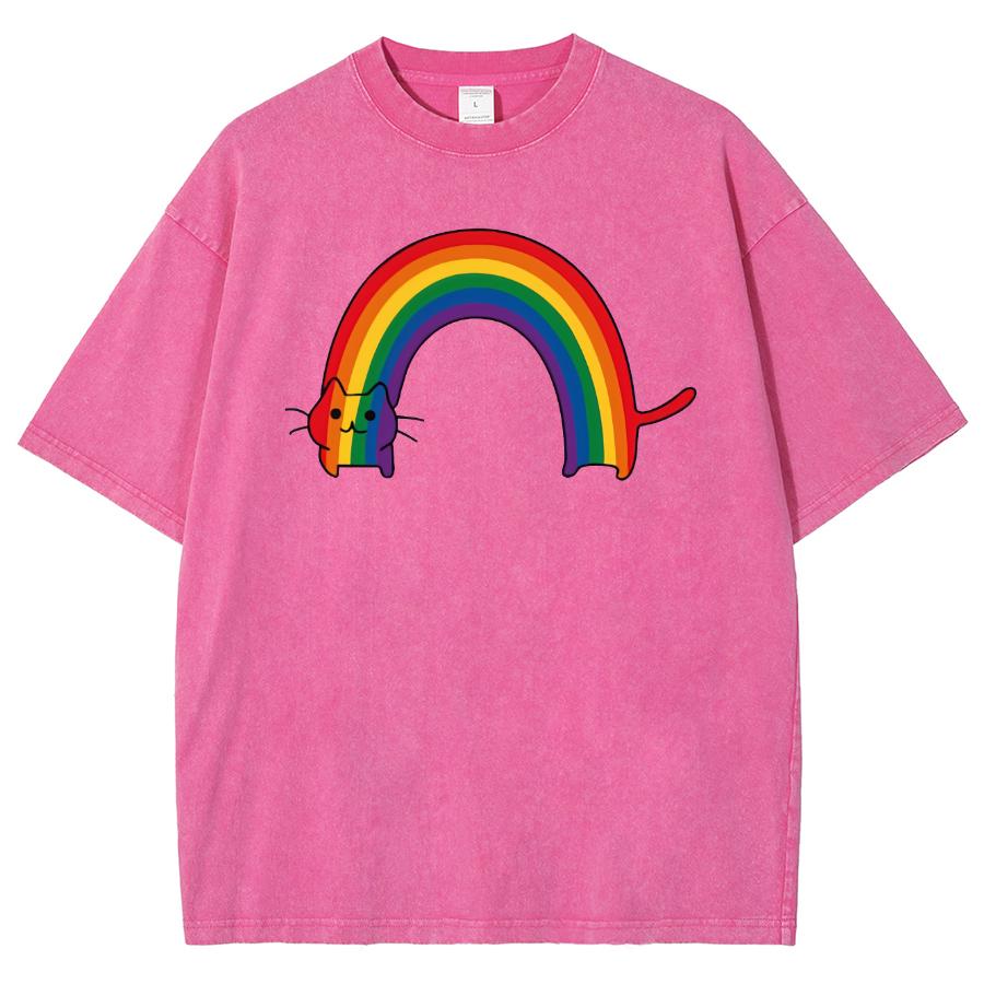 

Футболка женская с рисунком в виде радуги и кота, в мультяшном стиле, простая и милая, с коротким рукавом, свободная, в стиле ретро, с круглым вырезом 3XL
