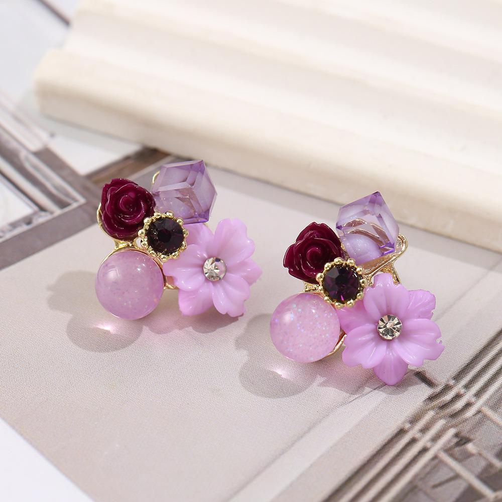 Elegant Purple Crystal Flower Earrings - S925 Sterling Silver Studs, Niche Design, Retro Women's Fashion Accessory