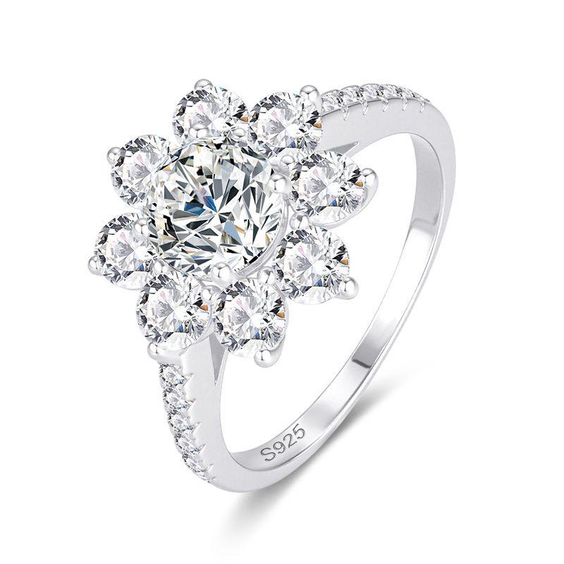 Elegant S925 Sterling Silver Moissanite Sunflower Ring for Women, D Color Moissanite, 18k White Gold-Plated. Size 5