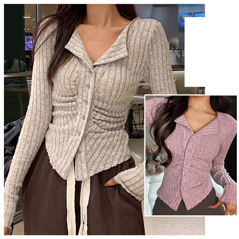 Knitted Cardigan Women Collar Sweater Coat Vintage Long Sleeve Single Breasted Top Autumn Fashion Girls Knitwear Jumper