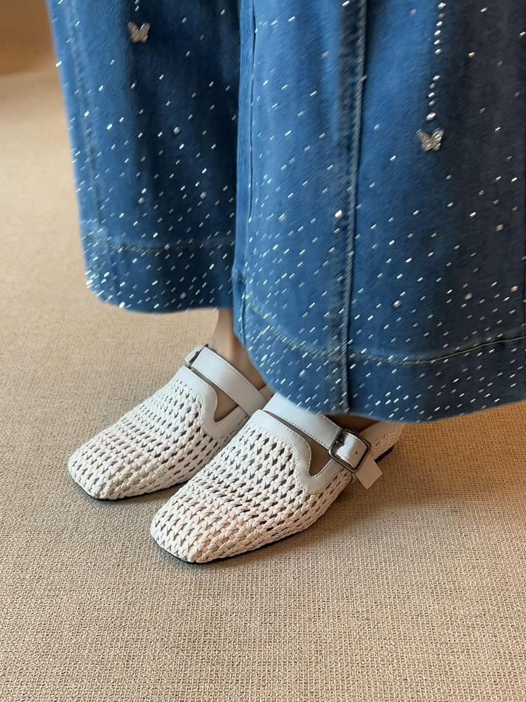 

Holiday style woven wedge heel Muller shoes belt buckle breathable bag head outer slippers 40