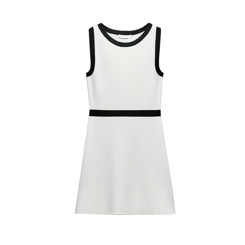 

Spring New Preppy Style round Neck Sleeveless A- line Hem Contrast Color Trim Knitting Mini Skirt 3471020 White L