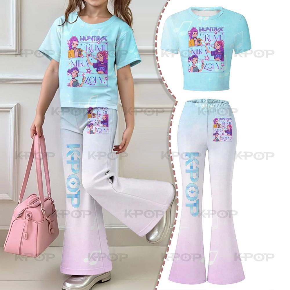 2026 Children's Kpop Hunter Short Sleeve Set Girls' New Style, Regular Short Sleeve Top and Bell Bottom Pants Two Piece Set