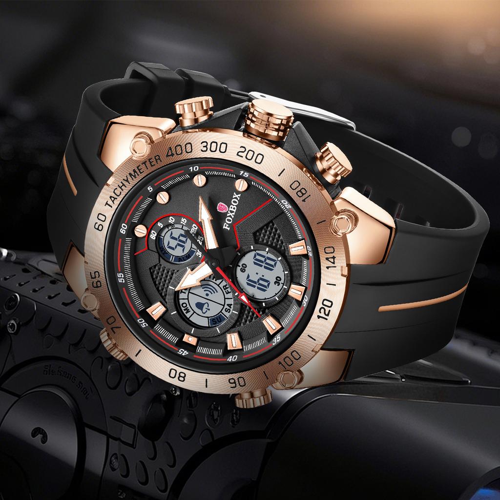 FOXBOX New Mens Watches Luxury Brand Big Dial Watch Men Waterproof Quartz Wristwatch Sports Chronograph Clock Relogio Masculino