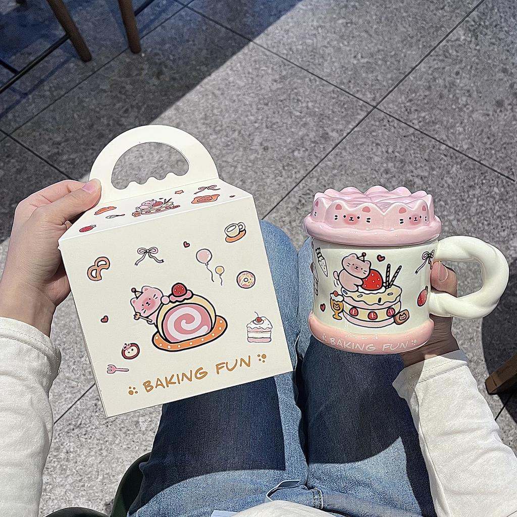 mug with lid spoon high value ins wind cute ceramic cup couple drinking cup for girls birthday gift