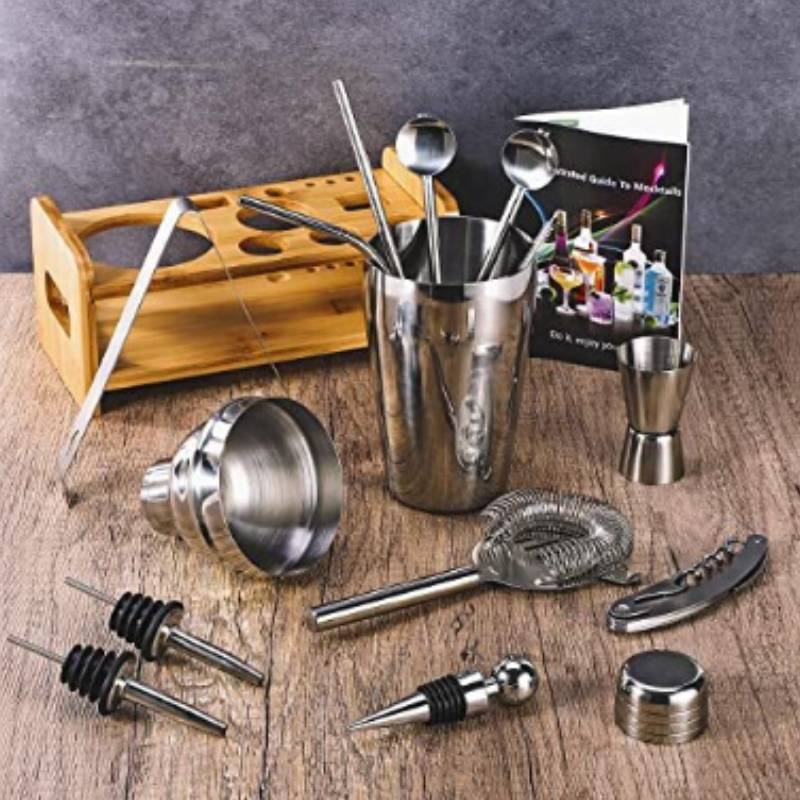 Stainless Steel Cocktail Shaker Set With Storage Wooden Rack For Home Bar Enthusiasts