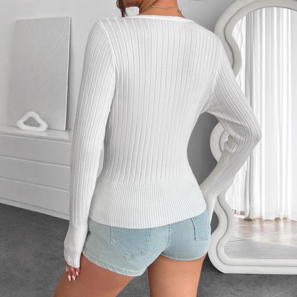 2024 European-American Ribbed Slim Button-Up Knit T-Shirt for Women - Slim-Fit Versatile Short Top