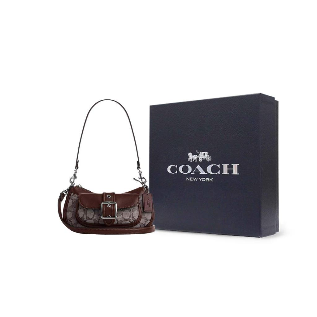 Coach Borsa a Spalla Ashton 20 Fibbia Argentata Logo Jacquard Pelle d'Agnello Liscia Piccola da Donna CDB18-SVS8S