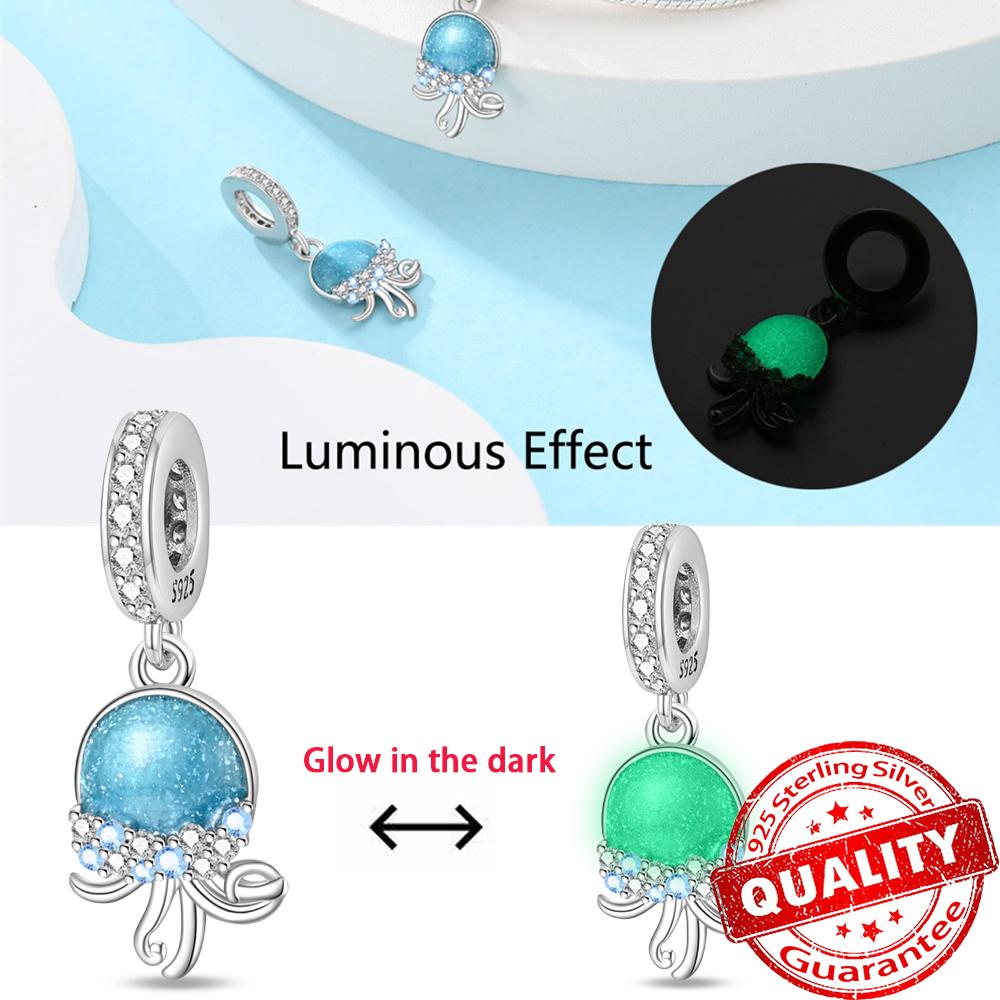 Original 925 Sterling Copper Glow-in-the-dark Green Zircon Heart Butterfly & Spinning Ball Dangle Charm Fits Original Bracelet